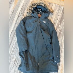 The North Face Long Length Navy Coat with removable Fur Trim